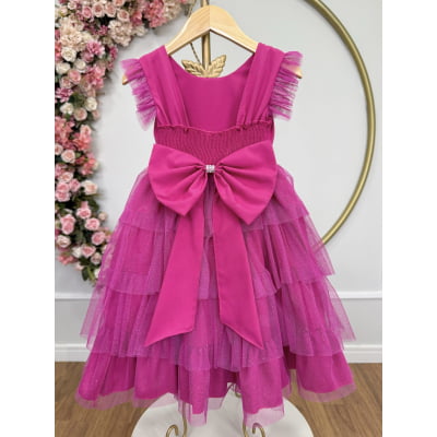 Vestido Infantil Pink Busto C/ Strass Saia Babados Daminhas