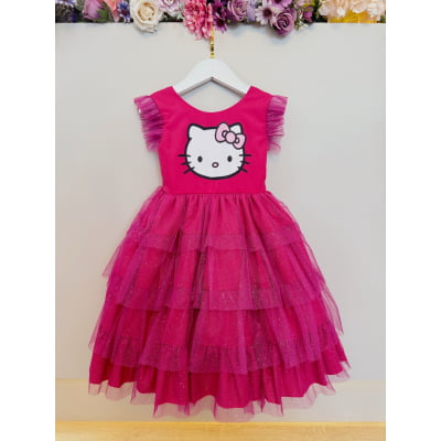 Vestido Infantil Pink da Hello Kitty Saia C/ Glitter Festas