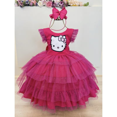 Vestido Infantil Pink da Hello Kitty Saia C/ Glitter Festas
