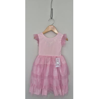 Vestido Infantil Rosa Claro Busto Strass Saia Babados Daminhas