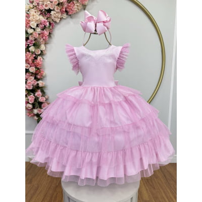 Vestido Infantil Rosa Claro Busto Strass Saia Babados Daminhas