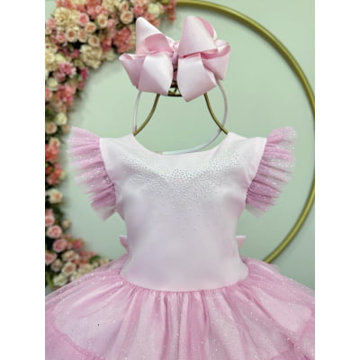Vestido Infantil Rosa Claro Busto Strass Saia Babados Daminhas