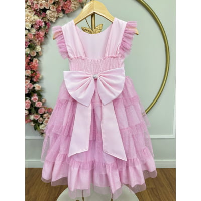 Vestido Infantil Rosa Claro Busto Strass Saia Babados Daminhas