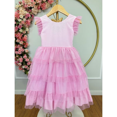 Vestido Infantil Rosa Claro Busto Strass Saia Babados Daminhas