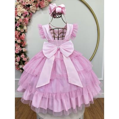Vestido Infantil Rosa Claro Busto Strass Saia Babados Daminhas