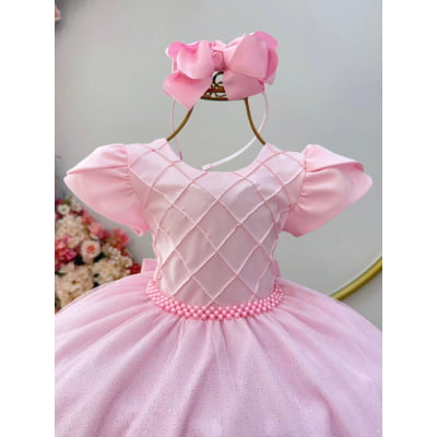 Vestido Infantil Rosa Claro C/ Busto Nervura Daminhas Festas