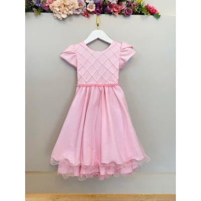 Vestido Infantil Rosa Claro C/ Busto Nervura Daminhas Festas