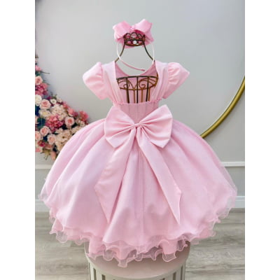 Vestido Infantil Rosa Claro C/ Busto Nervura Daminhas Festas