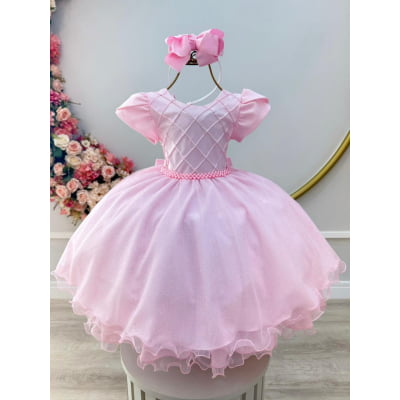 Vestido Infantil Rosa Claro C/ Busto Nervura Daminhas Festas