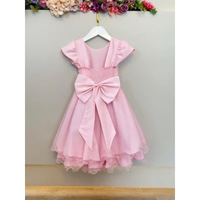 Vestido Infantil Rosa Claro C/ Busto Nervura Daminhas Festas