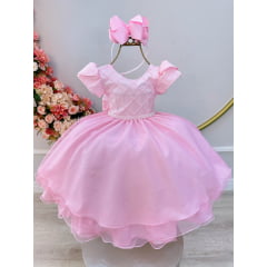 Vestido Infantil Rosa Claro C/ Busto Nervura Festas Daminhas