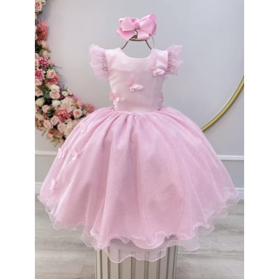 Vestido Infantil Rosa Claro Jardim das Borboletas Festas Vestido Infantil Rosa Claro Jardim das Borboletas Festas
