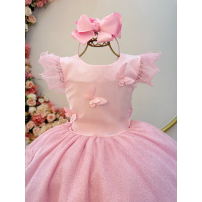 Vestido Infantil Rosa Claro Jardim das Borboletas Festas