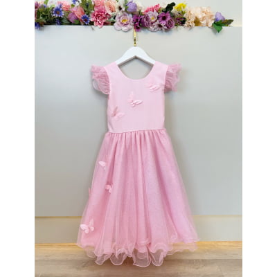 Vestido Infantil Rosa Claro Jardim das Borboletas Festas