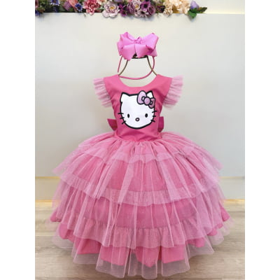 Vestido Infantil Rosa da Hello Kitty Saia C/ Glitter Festas