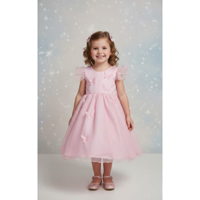 Vestido Infantil Rosa Jardim das Borboletas C/ Glitter Festas