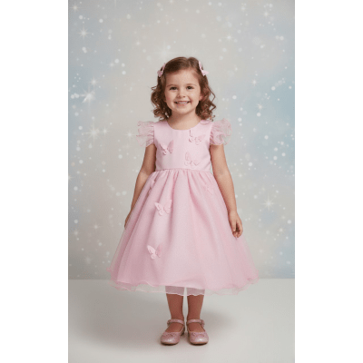 Vestido Infantil Rosa Jardim das Borboletas C/ Glitter Festas