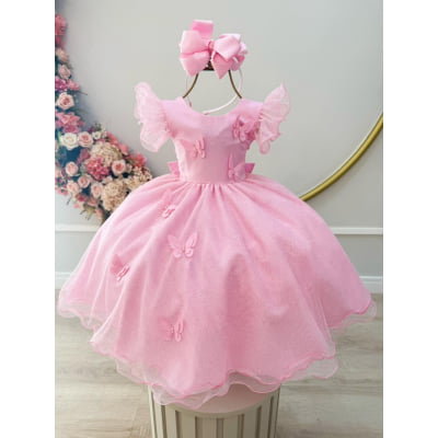 Vestido Infantil Rosa Jardim das Borboletas C/ Glitter Festas