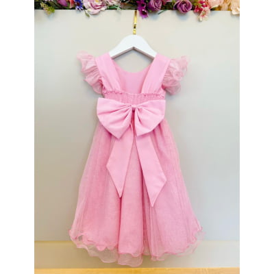 Vestido Infantil Rosa Jardim das Borboletas C/ Glitter Festas