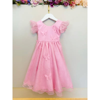 Vestido Infantil Rosa Jardim das Borboletas C/ Glitter Festas