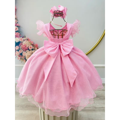 Vestido Infantil Rosa Jardim das Borboletas C/ Glitter Festas