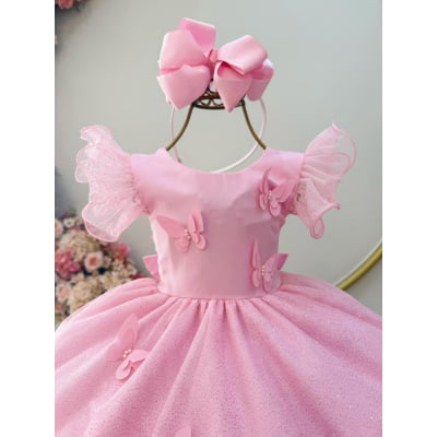 Vestido Infantil Rosa Jardim das Borboletas C/ Glitter Festas