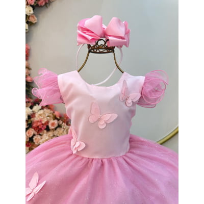 Vestido Infantil Rosa Jardim das Borboletas Festas