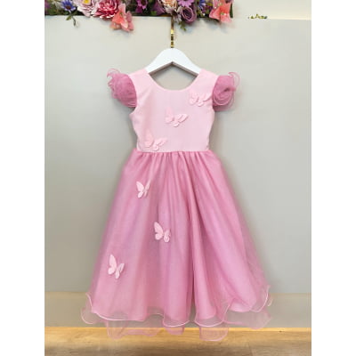 Vestido Infantil Rosa Jardim das Borboletas Festas