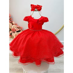 Vestido Infantil Vermelho Apliques Borboletas Glitter Festas