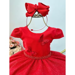 Vestido Infantil Vermelho Apliques Borboletas Glitter Festas