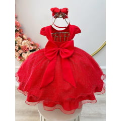 Vestido Infantil Vermelho Apliques Borboletas Glitter Festas