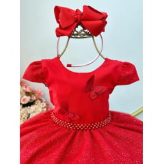 Vestido Infantil Vermelho Apliques Borboletas Glitter Festas