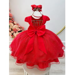 Vestido Infantil Vermelho Apliques Borboletas Glitter Festas