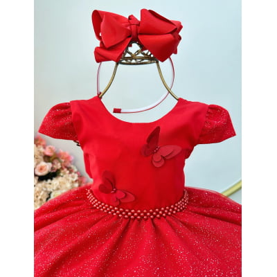 Vestido Infantil Vermelho Apliques Borboletas Glitter Festas