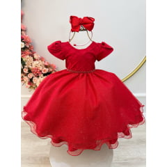 Vestido Infantil Vermelho C/ Busto Nervura Festas Daminhas