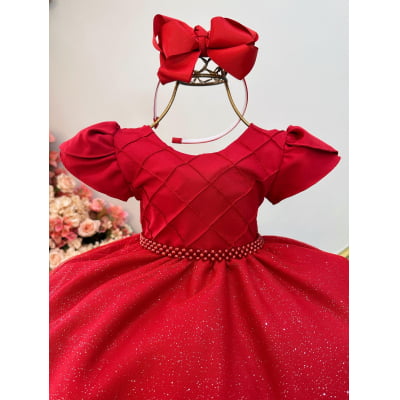 Vestido Infantil Vermelho C/ Busto Nervura Festas Daminhas