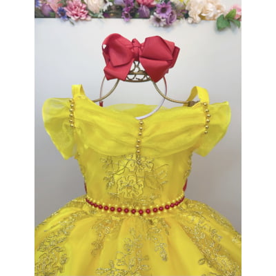 Vestido Infantil Amarelo Princesa Bela Realeza Luxo