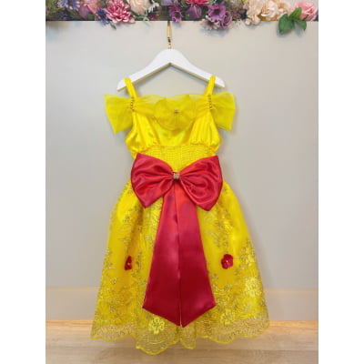 Vestido Infantil Amarelo Princesa Bela Realeza Luxo