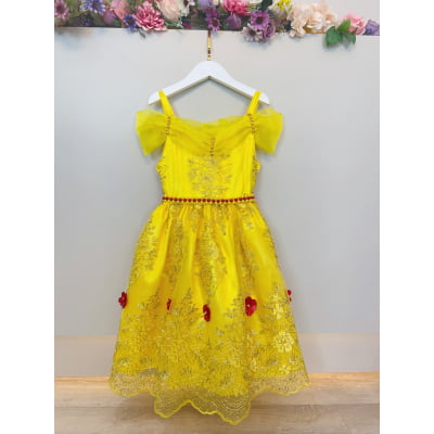 Vestido Infantil Amarelo Princesa Bela Realeza Luxo
