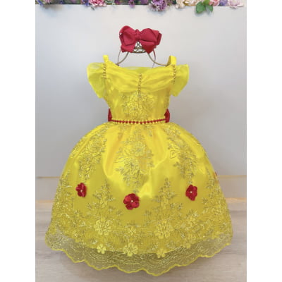 Vestido Infantil Amarelo Princesa Bela Realeza Luxo