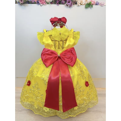 Vestido Infantil Amarelo Princesa Bela Realeza Luxo