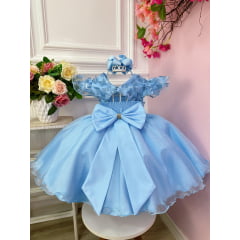 Vestido Infantil Azul C/ Renda Jardim das Boroboletas Luxo