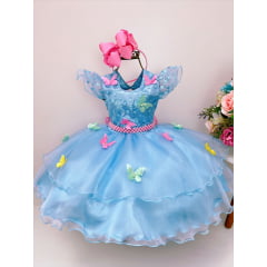 Vestido Infantil Azul Jardim Encantado Renda e Borboletas