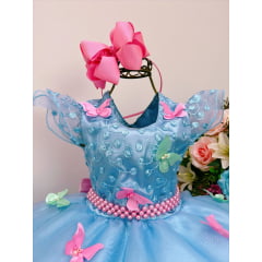 Vestido Infantil Azul Jardim Encantado Renda e Borboletas