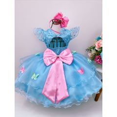 Vestido Infantil Azul Jardim Encantado Renda e Borboletas