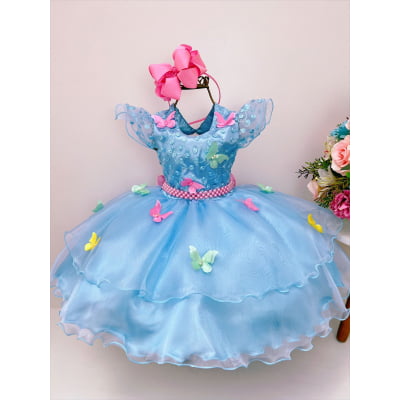 Vestido Infantil Azul Jardim Encantado Renda e Borboletas