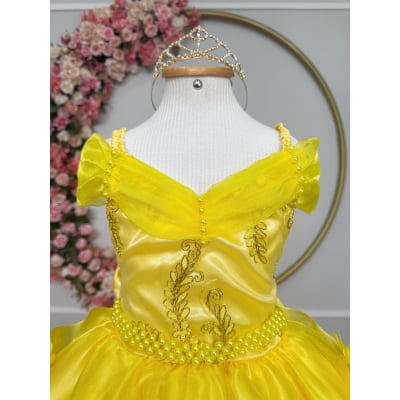 Vestido Infantil Bela e a Fera Princesas C/ Renda e Pérolas