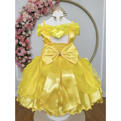 Vestido Infantil Bela e a Fera Princesas C/ Renda e Pérolas