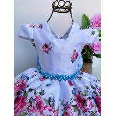 Vestido Infantil Branco Floral Azul Luxo Floristas