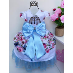 Vestido Infantil Branco Floral Azul Luxo Floristas